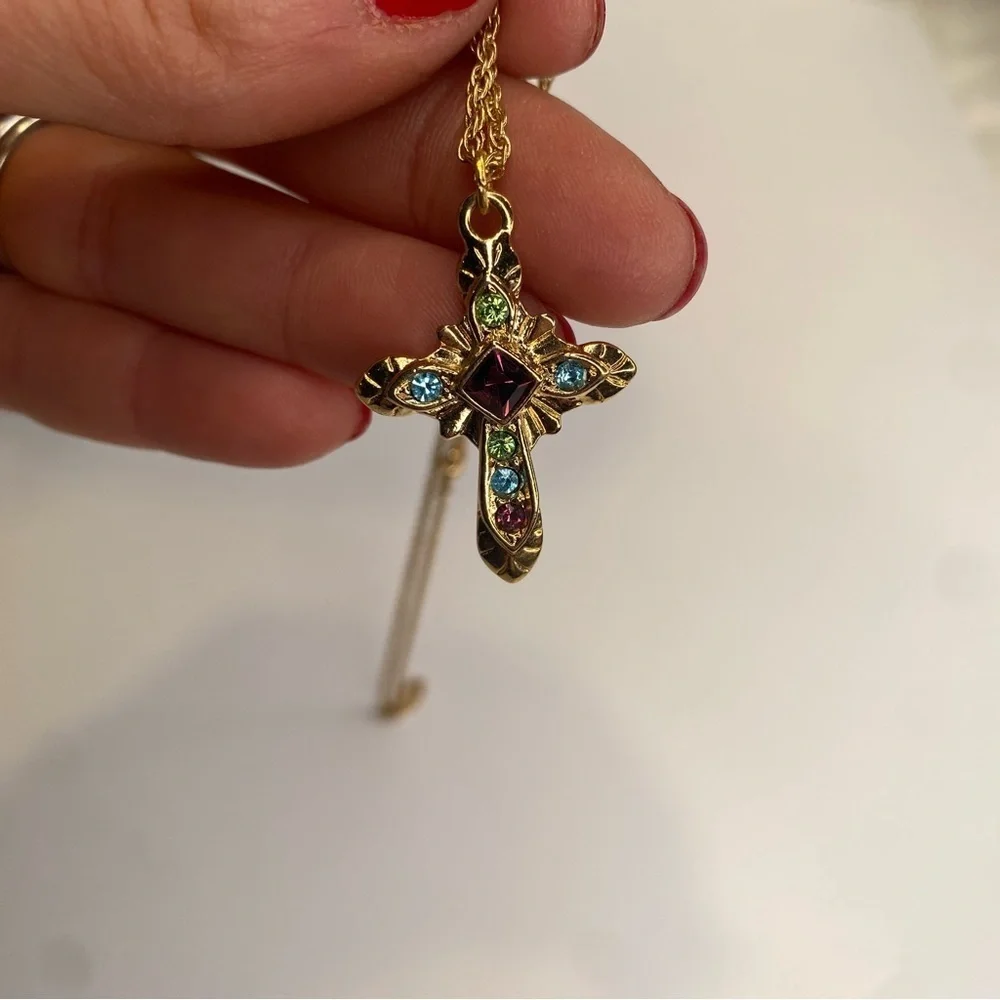 Premier Designs Dominique Gold Cross Necklace With Colored Crystals 18